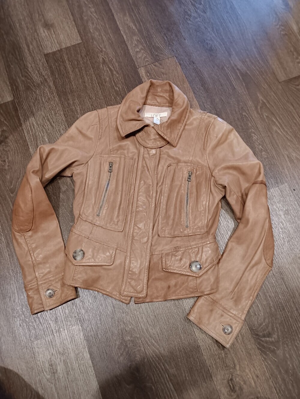 LOFT Camel Leather Jacket with Zip Pockets